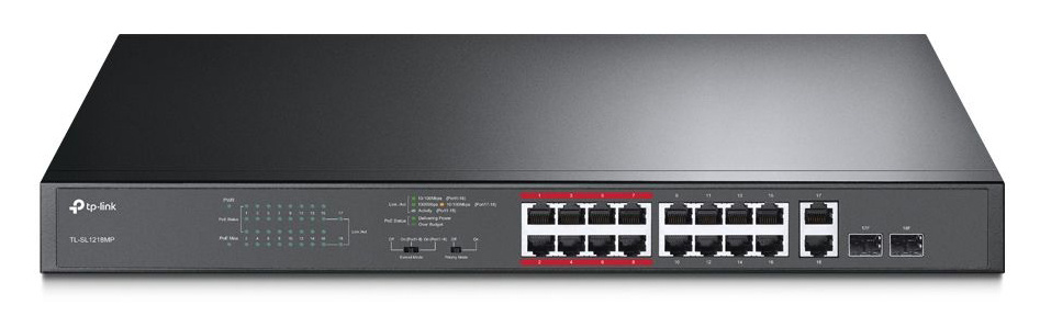 Коммутатор TP-Link TL-SL1218MP (L2) 16x100Мбит/с 2x1Гбит/с 2xКомбо(1000BASE-T/SFP) 16PoE+ 192W неупр