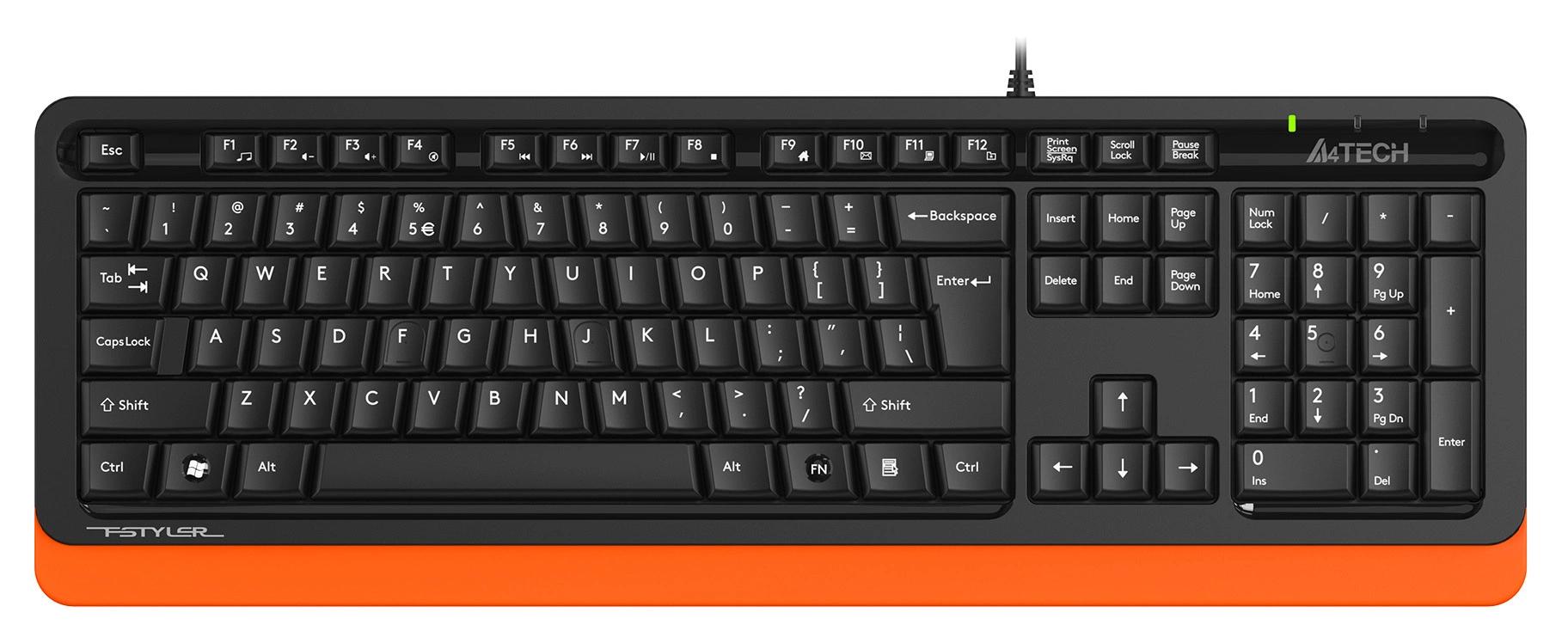 Клавиатура A4Tech FKS10 черный/оранжевый USB (подставка для запястий) (FKS10 ORANGE) кабель 1.5м