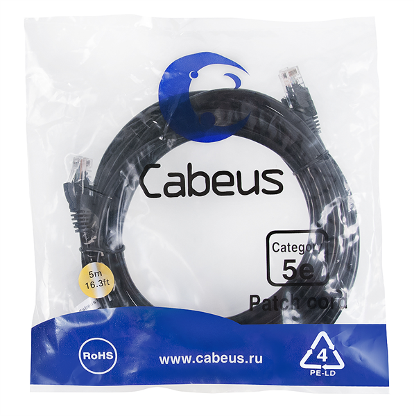 Патч-корд U/UTP Cabeus PC-UTP-RJ45-Cat.5e-5m-BK-LSZH Патч-корд U/UTP, категория 5е, 2xRJ45/8p8c, неэ