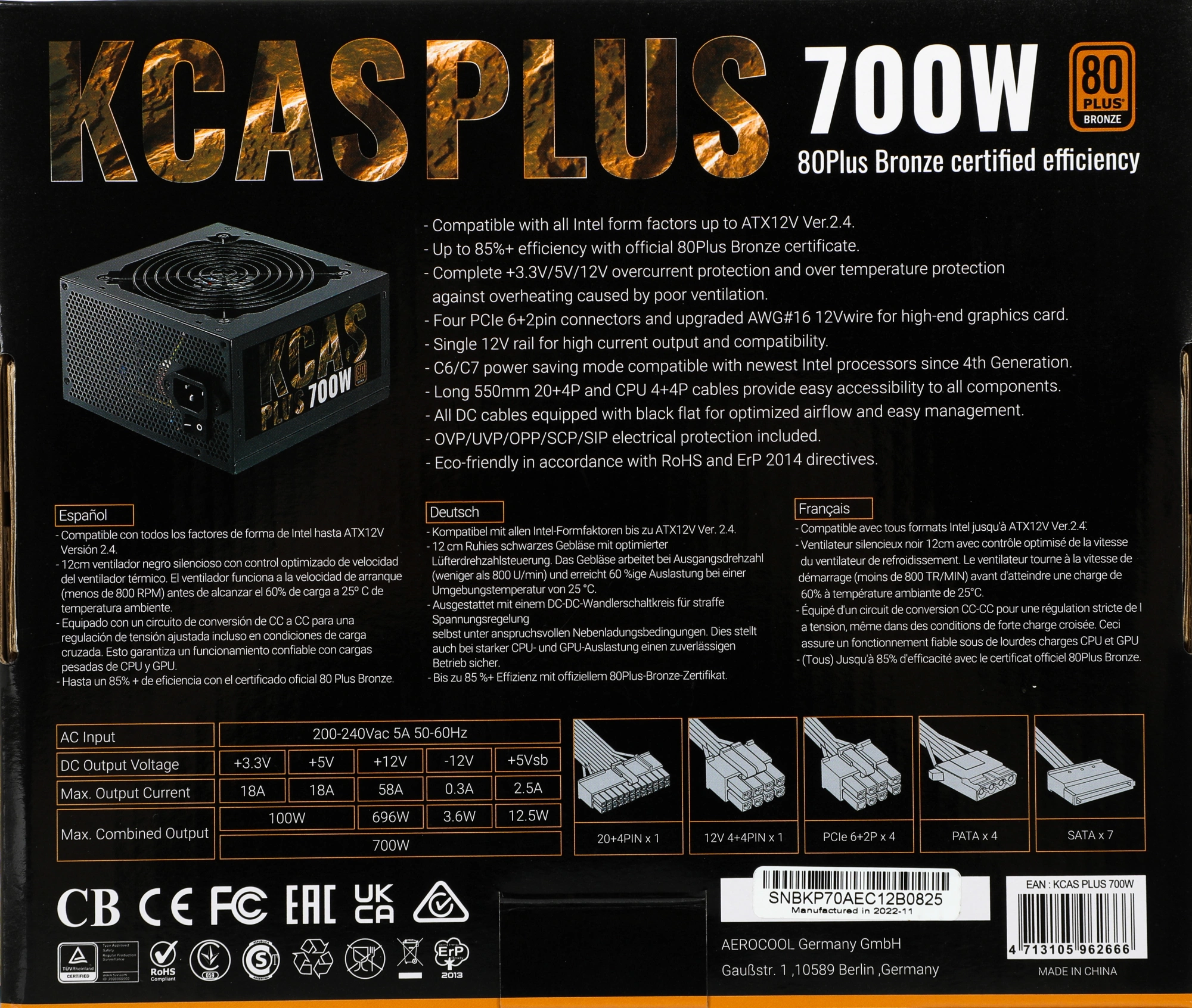 Блок питания Formula V Line KCAS PLUS 700W, 700W, APFC, 80+ Bronze, ATX12V v2.4, 12cm Fan (ex Aeroco