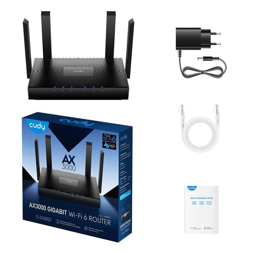 Cudy WR3000 1.0 Гигабитный роутер Wi-Fi 6 AX3000, 2,4/5 ГГц, до 2976 Мбит/с, 4x1 Гбит/с, IPv6, подде