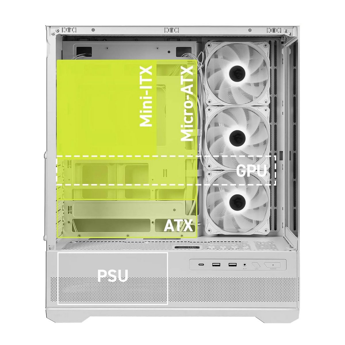 Корпус для ПК MSI MAG PANO 110R PZ WHITE, Global, 2xUSB 3.2 Gen 1, 1xUSB 3.2 Gen2 Type-C,
3x120mm AR