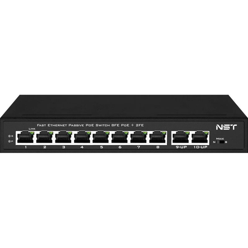 Passive PoE коммутатор Fast Ethernet на 10 портов. Порты: 8 х FE (10/100 Base-T, 52V 4,5(+) 7,8(–)) 
