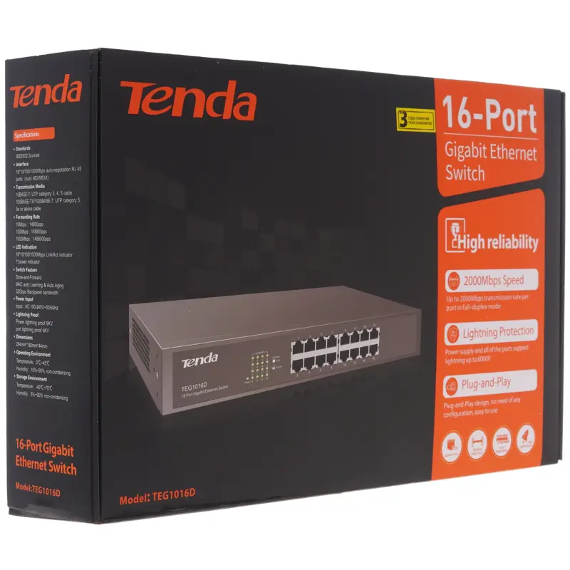 Коммутатор Tenda TEG1016D Коммутатор неуправляемый, 16 портов 16x1 Гбит/с, настольный, металлический