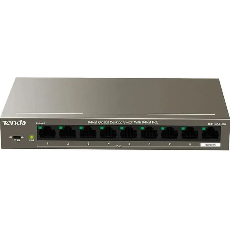 Коммутатор Tenda TEG1109P-8-102W (L2) 9x1Гбит/с 8PoE 92W неуправляемый