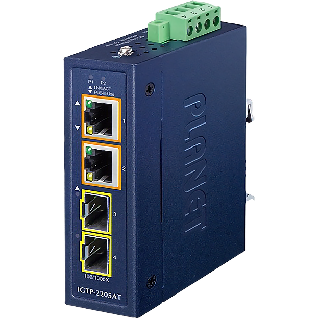 медиа конвертер PLANET IP30 Compact size 2-Port 100 1000X SFP + 2-Port 10 100 1000T 802.3at PoE+ Media Converter (-40~75 degrees C, dual 48~54V DC, max. 60W PoE budget) IGTP-2205AT