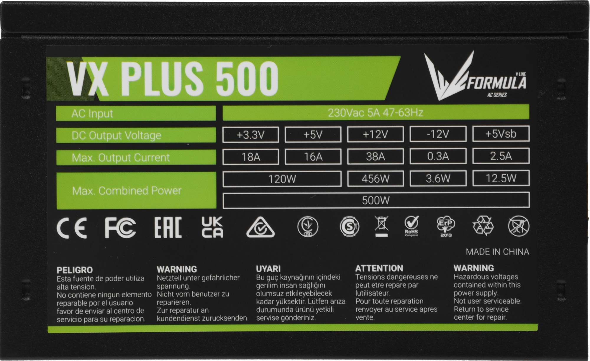 Блок питания Formula V Line VX PLUS 500, 500W, ATX12V v2.3, 12cm Fan (ex Aerocool)