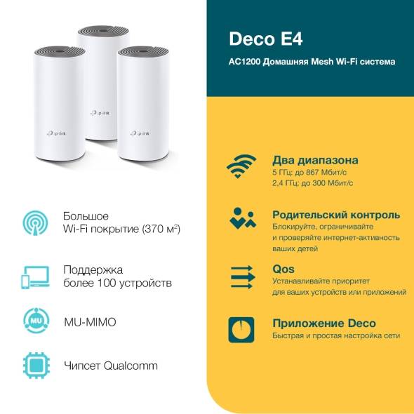 TP-Link Deco E4(3-pack), AC1200 Домашняя Mesh Wi-Fi система, 3 устройства, до 300 Мбит/с на 2,4 ГГц 
