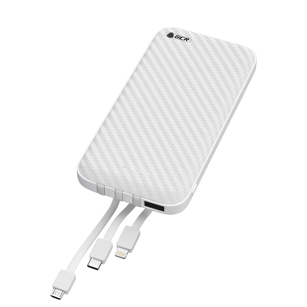 Повербанк/ GCR PRO PowerBank на 10000mAh со встроенным кабелем MicroUSB / TypeC / Lightning + подставка для телефона, белый