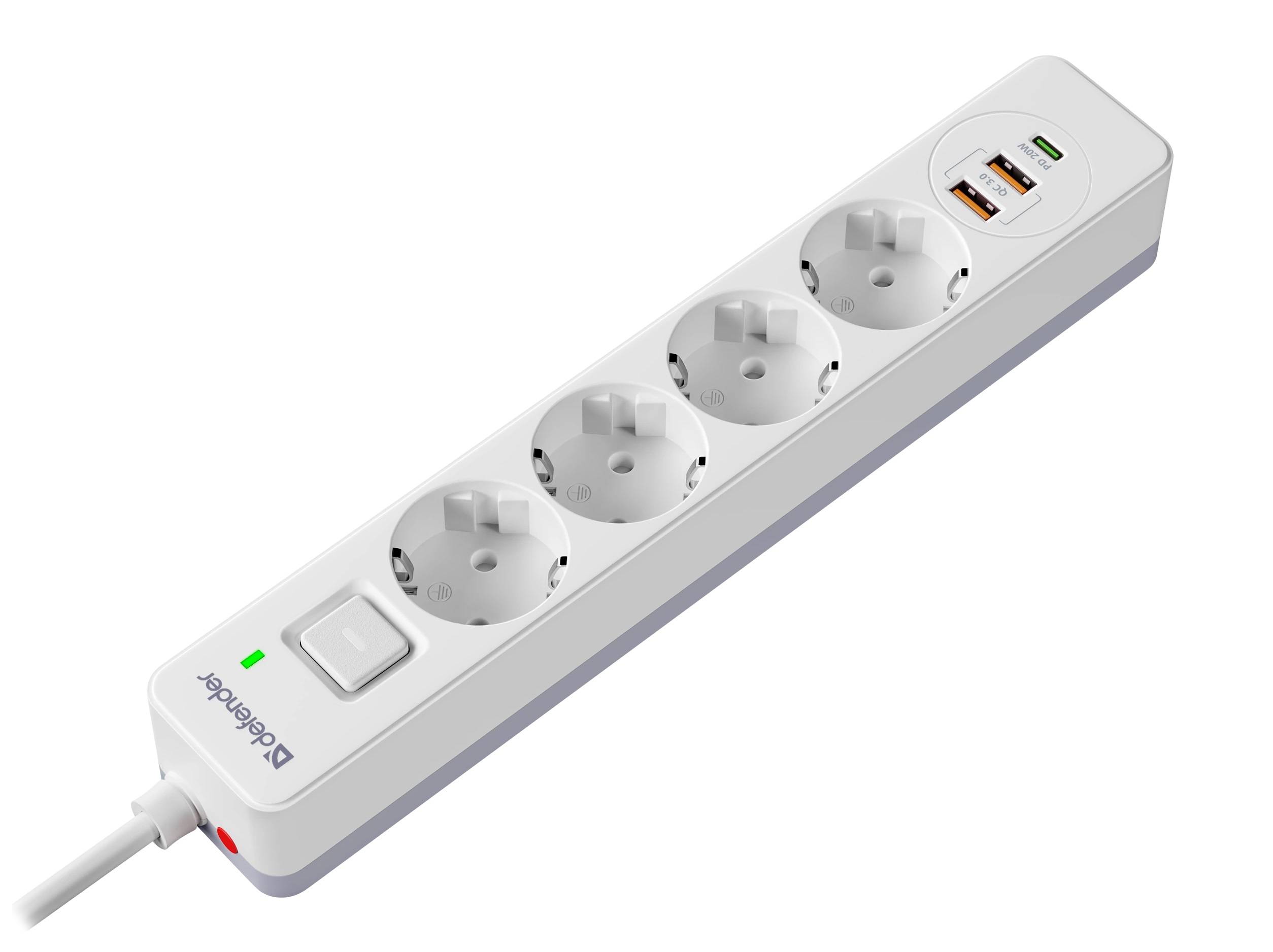 Defender Удлинитель с сетевым фильтром DFS 145, белый, 4розетки, USB+TypeC, 5 м.