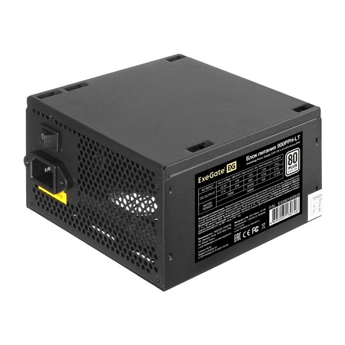 Блок питания 900W ExeGate 80 PLUS® 900PPH-LT-OEM (ATX, APFC+Dual Forward, КПД 82% (80 PLUS), 12cm silent fan, flat cables 24pin, 2x(4+4)pin, 6xPCI-E, 8xSATA, 4xIDE, black, кабель 220V в комплекте 1,5м, RTL)
