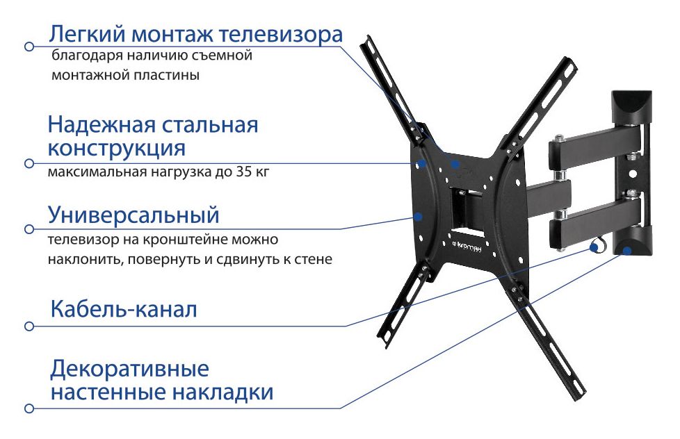 Кронштейн для телевизора Kromax DIX-24 черный 15"-55" макс.35кг настенный поворотно-выдвижной и накл