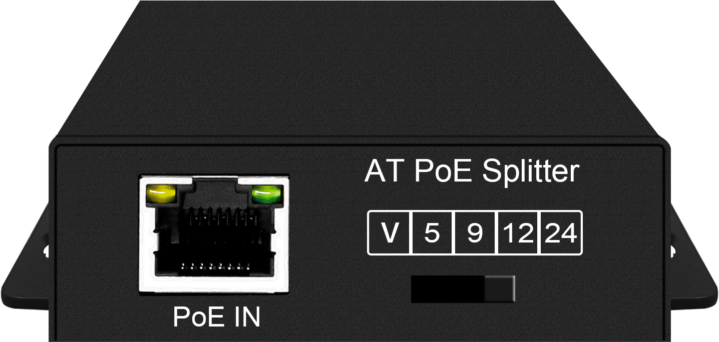 PoE-сплиттер Gigabit Ethernet/ PoE-сплиттер 2,5G выбором выходного напряжения 5/9/12/24V. Соответствует стандартам PoE IEEE 802.3af/at. Предназначен для питания сетевого оборудования без поддержки PoE. Вход - RJ45(10/100/1000/2.5G Base-T) IEEE 802.3af/at/
