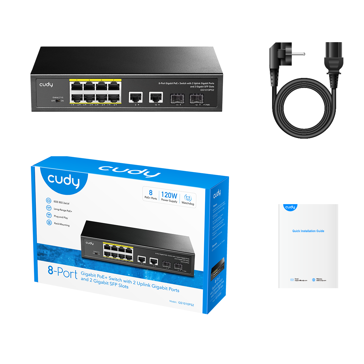 Коммутатор Cudy GS1010PS2 (L2) 10x1Гбит/с 2xКомбо(1000BASE-T/SFP) 2SFP 8PoE 120W неуправляемый