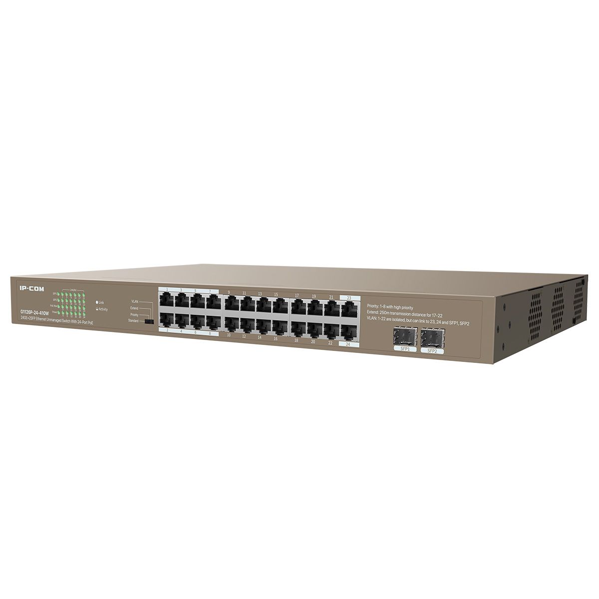 Коммутатор IP-COM G1126P-24-410W Коммутатор неуправляемый PoE, 24 порта 24x1 Гбит/с, SFP 2x1 Гбит/с,