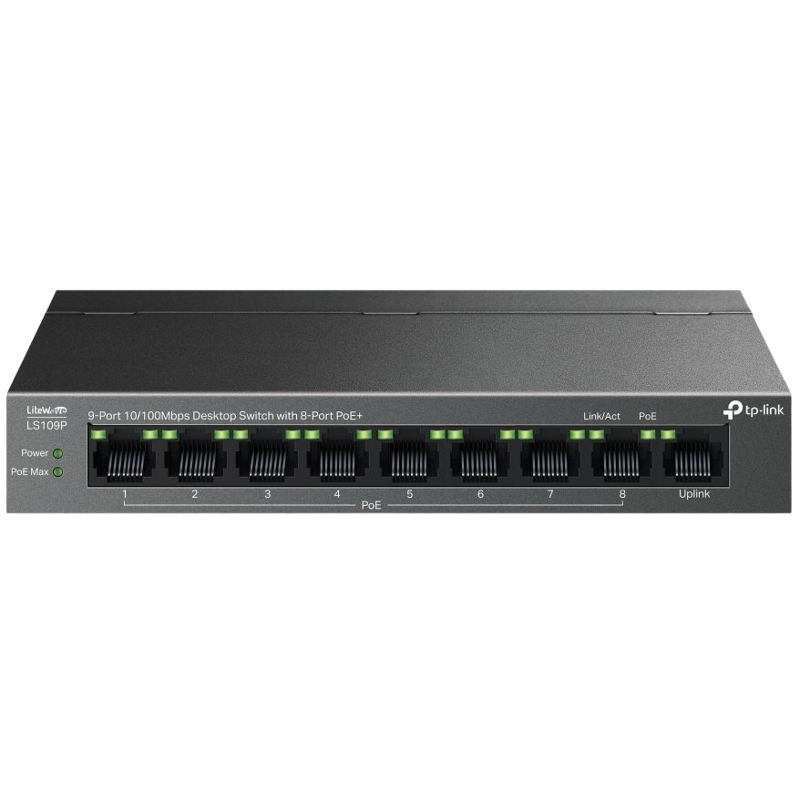 коммутатор TP-Link LS109P, 9-Port 10/100 Mbps Desktop Switch with 8-Port PoE+, 63 W, 250m