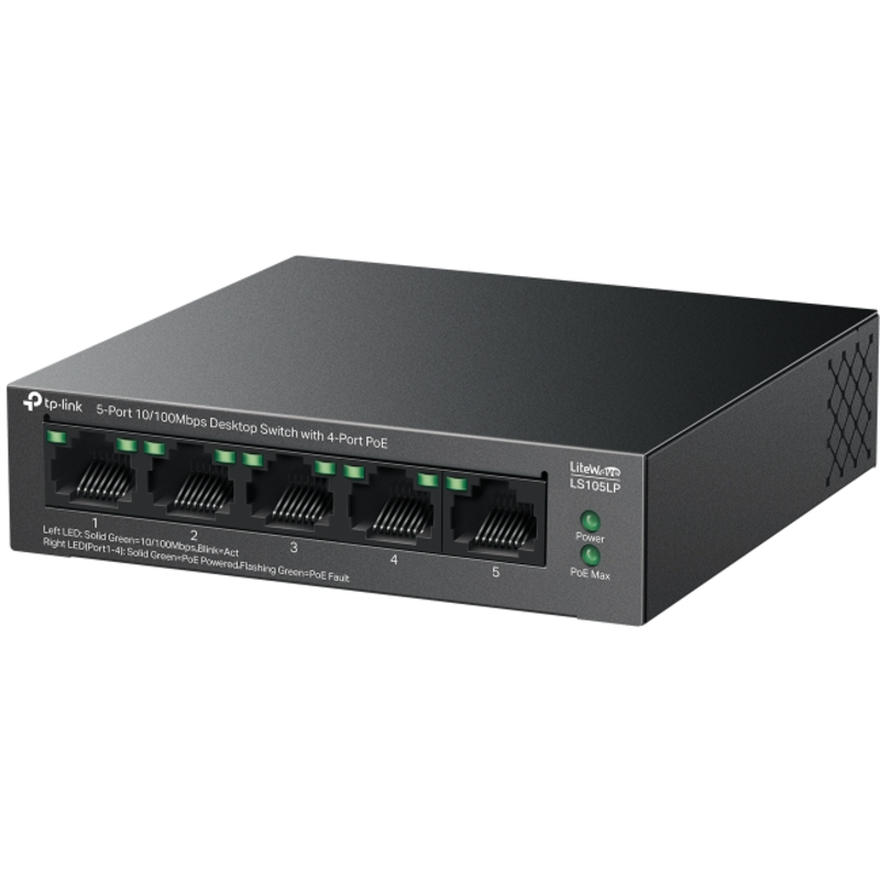 Коммутатор TP-Link LS105LP (L2) 5x100Мбит/с 4PoE 41W неуправляемый