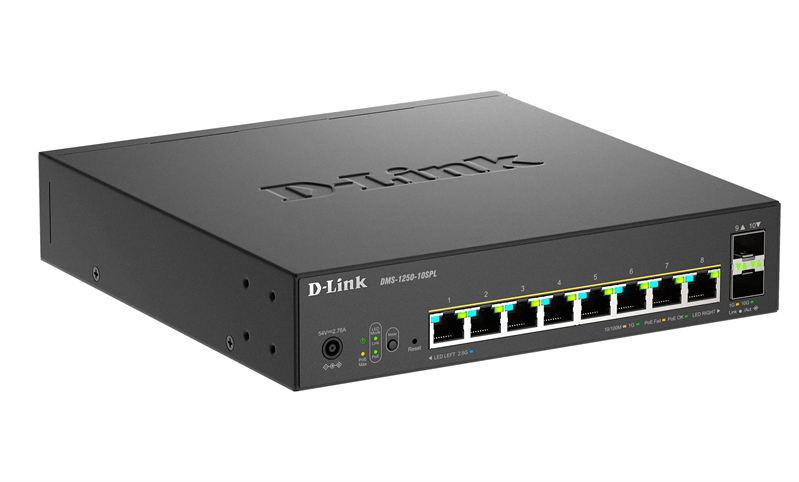 Коммутатор D-Link Управляемый L2 PoE-коммутатор, 8x2.5GBase-T PoE (2 порта PoE 802.3bt 60 Вт), 2x10G