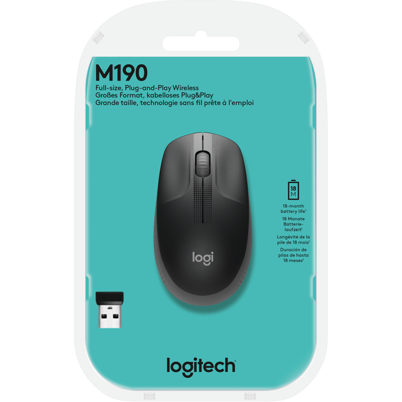 Мышь беспроводная Lgitech M190 Charcoal |910-005905| черная, оптическая, 1000dpi, 2.4GHz, USB-ресиве
