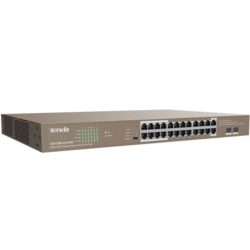Коммутатор Tenda TEG1126P-24-410W (L2) 24x1Гбит/с 2SFP 24PoE 370W неуправляемый