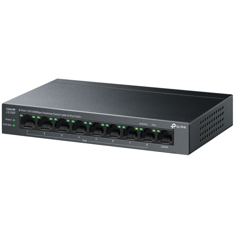 коммутатор TP-Link LS109P, 9-Port 10/100 Mbps Desktop Switch with 8-Port PoE+, 63 W, 250m