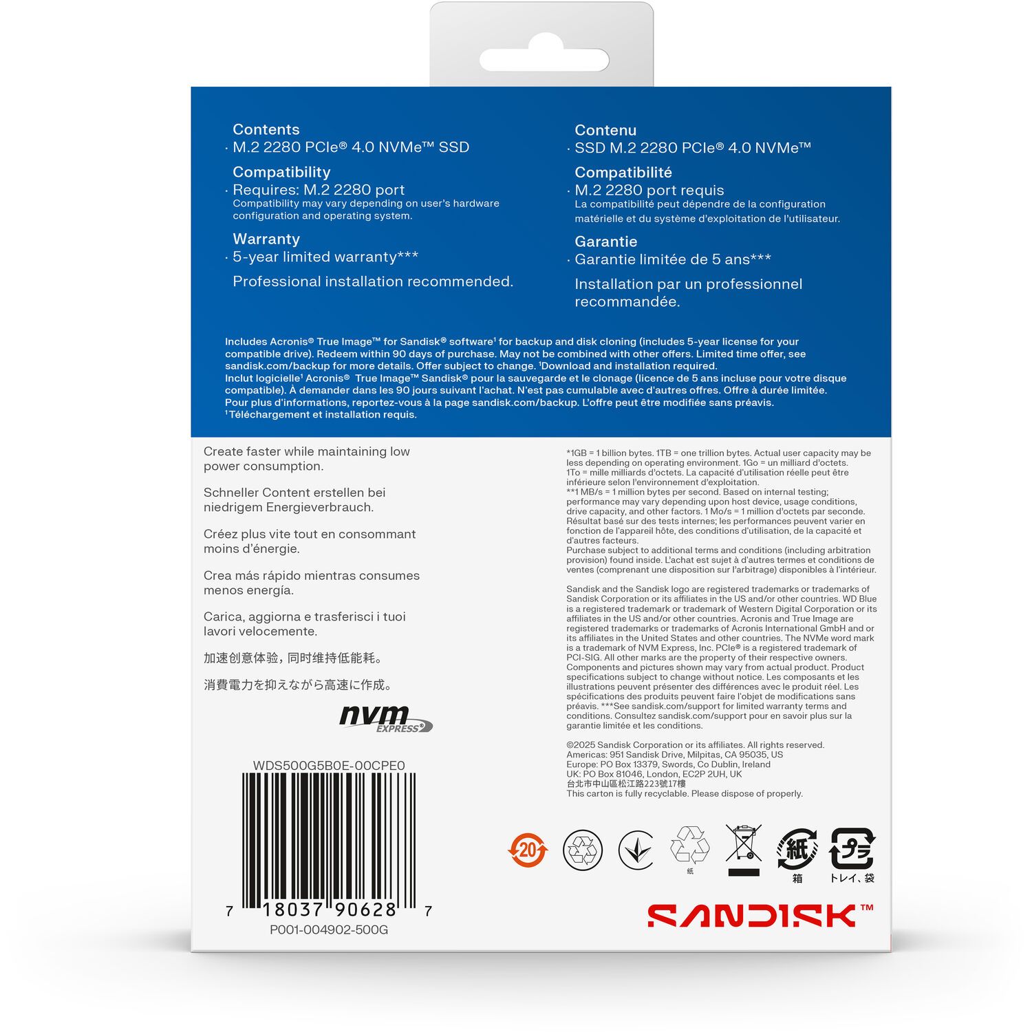 Твердотельный диск 500GB WD Blue SN5100, NVMe, M.2 2280, PCI-E 4x4 [R/W - 6600/5600 MB/s]