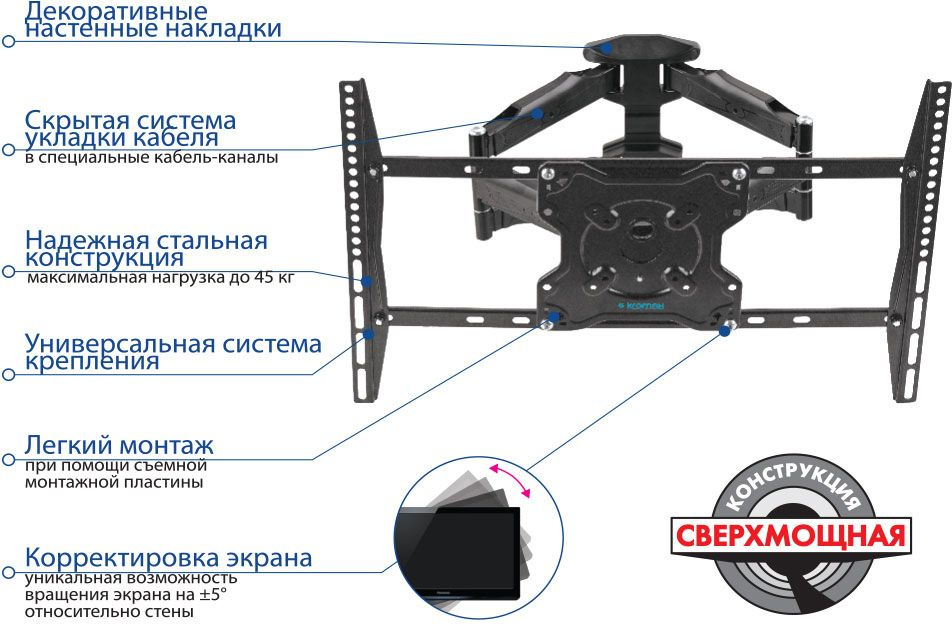 Кронштейн для телевизора Kromax ATLANTIS-46 серый 22"-65" макс.45кг настенный поворотно-выдвижной и 