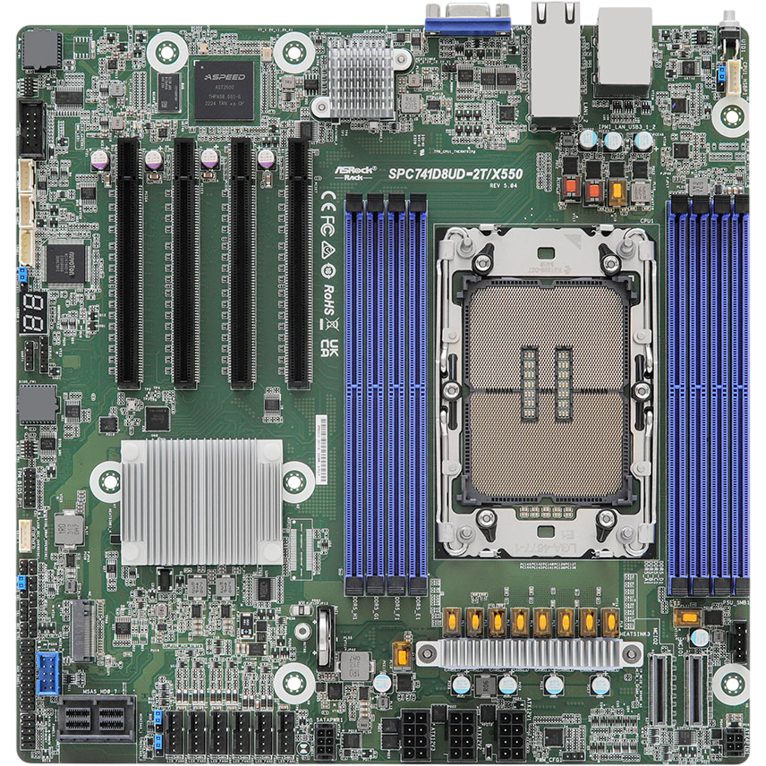 Материнская плата/ ASRock SPC741D8UD-2T/X550, Deep Micro-ATX, 1x LGA 4677 5th/4th Gen Intel Xeon Scalable, 8x DDR5 RDIMM/ RDIMM-3DS, 4x PCIe5.0 / CXL1.1 x16, 2x MCIO (PCIE5.0 x8), 1x M.2 (PCIe3.0 x4 or SATA 6Gb/s), up to 9 SATA 6Gb/s, 2x RJ45 (10GbE) Inte