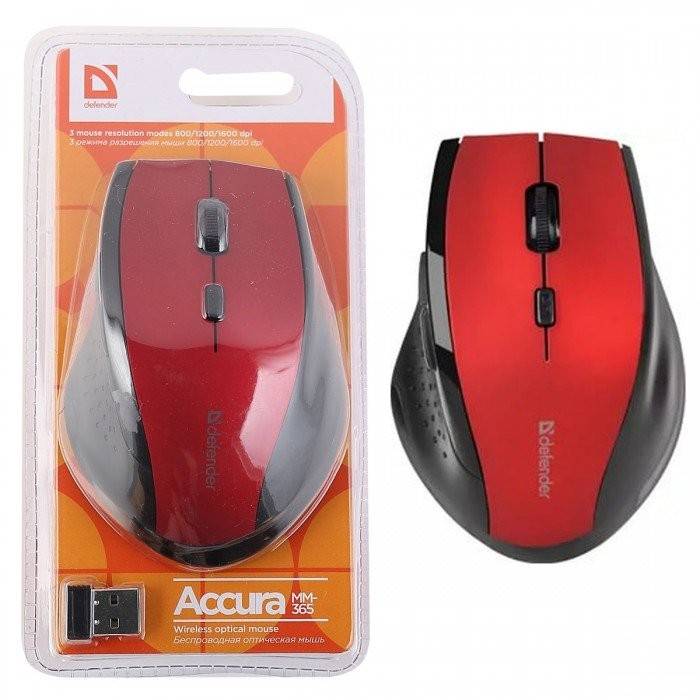 Мышь Defender Accura MM-365 красный оптическая 1600dpi беспров. USB 5but (52367)