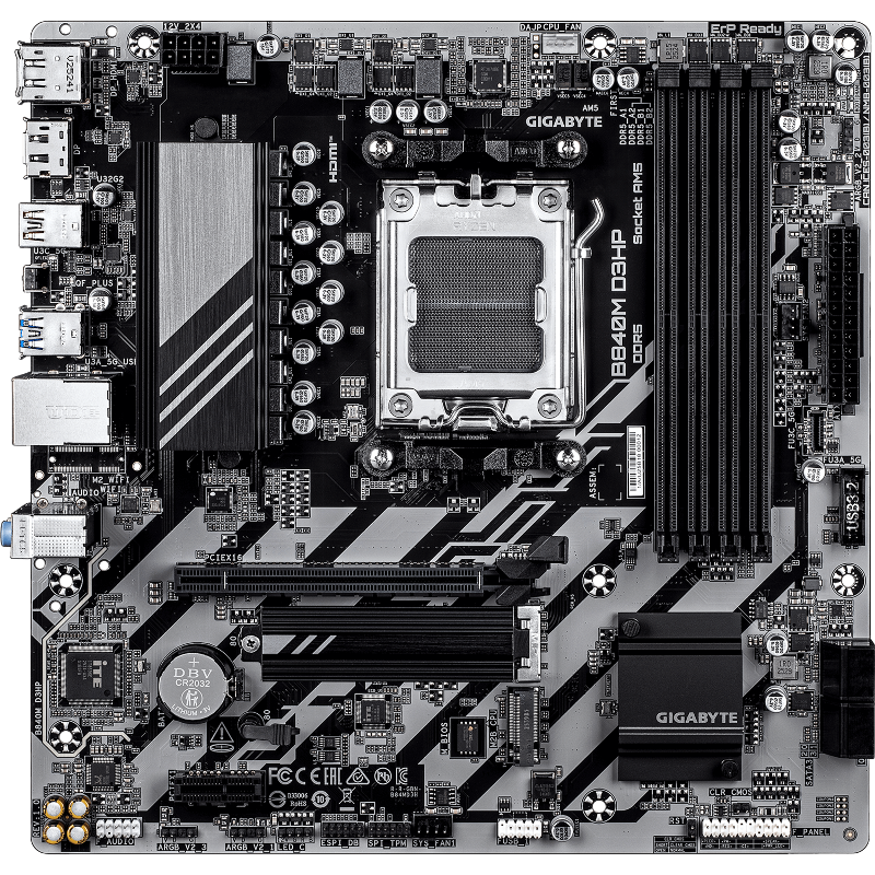 Материнская плата GIGABYTE B840M D3HP (AM5, AMD B840, 4*DDR5, PCIe, 2*M.2, 4*SATA, 3*USB 2.0, 2*USB 