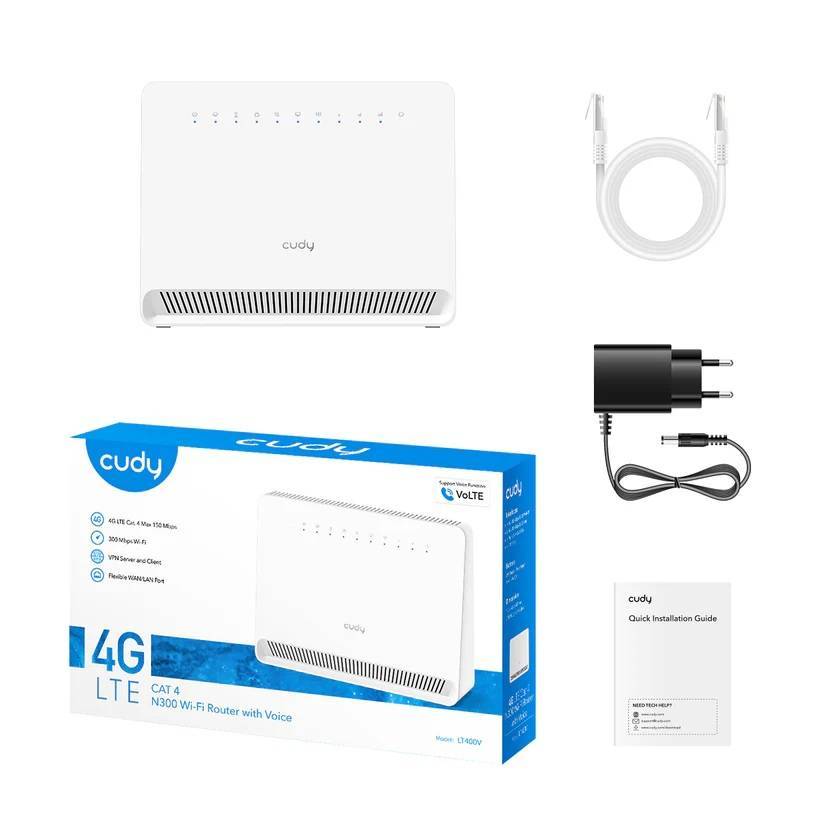 Модем CUDY N300 Wi-Fi 4G LTE-Cat4 VoLTE Router, build-in 4G LTE modem,  4 10/100M RJ45 Ports, 1 RJ11