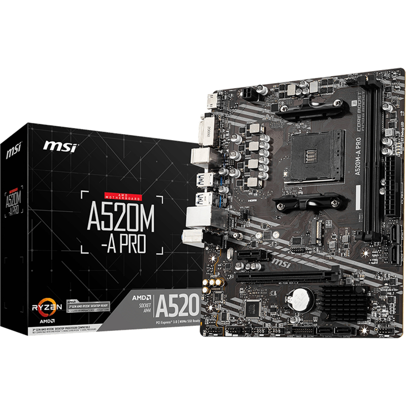 Материнская плата MSI A520M-A PRO Soc-AM4 AMD A520 2xDDR4 mATX AC`97 8ch(7.1) GbLAN RAID+DVI+HDMI
