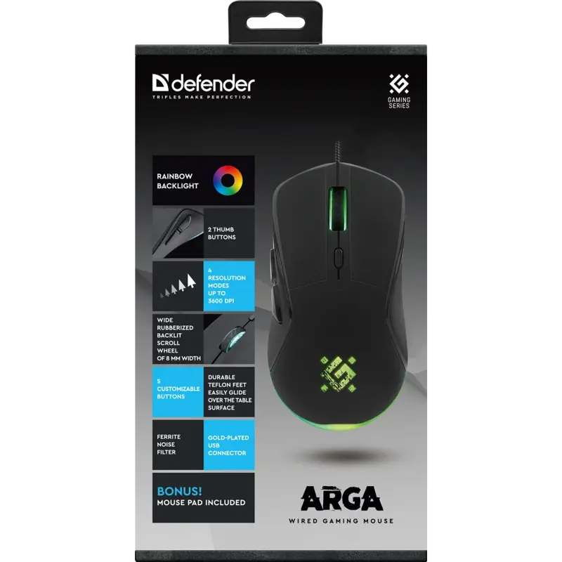 Мышь Defender Arga GM-049 черный оптическая 3600dpi USB 5but (52049)