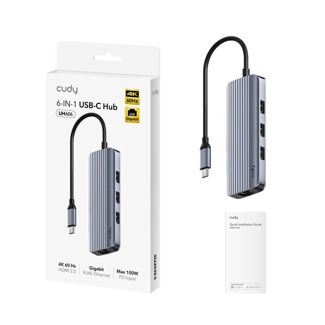 Cudy UH606 Концентратор USB-C 6 в 1 с гигабитным портом Ethernet и поддержкой HDMI (4K, 60 Гц)