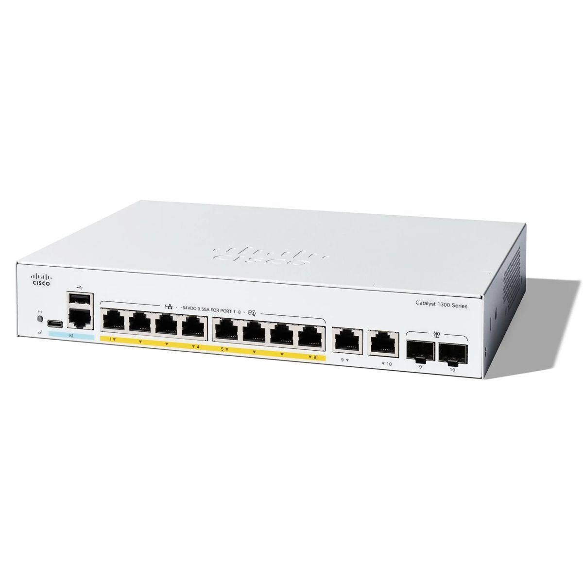 Коммутатор CISCO Catalyst 1300 8x10/100/1000 RJ-45 PoE+, 2x1Gb Combo uplinks, PoE+ 67W, Fanless, Ext