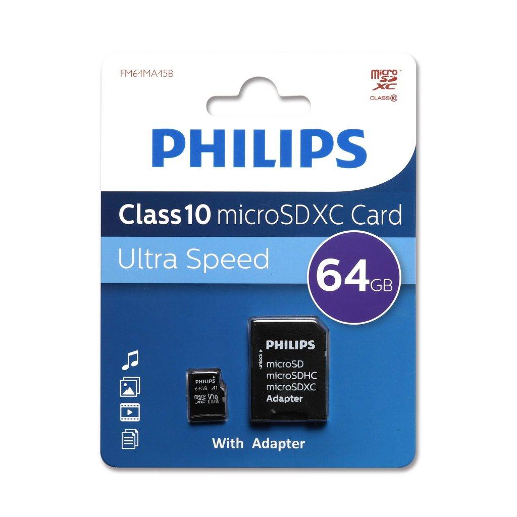 Флеш карта microSD 64GB PHILIPS microSDHC Class 10 (SD адаптер)