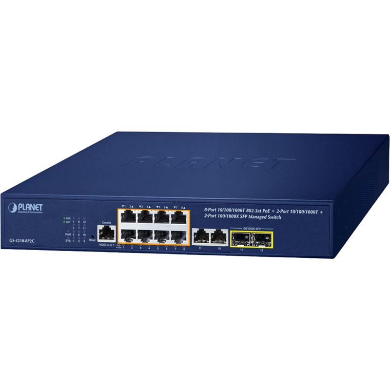 Коммутатор PLANET GS-4210-8P2C IPv4/IPv6, 8-Port Managed 802.3at POE+ Gigabit Ethernet Switch + 2-Po
