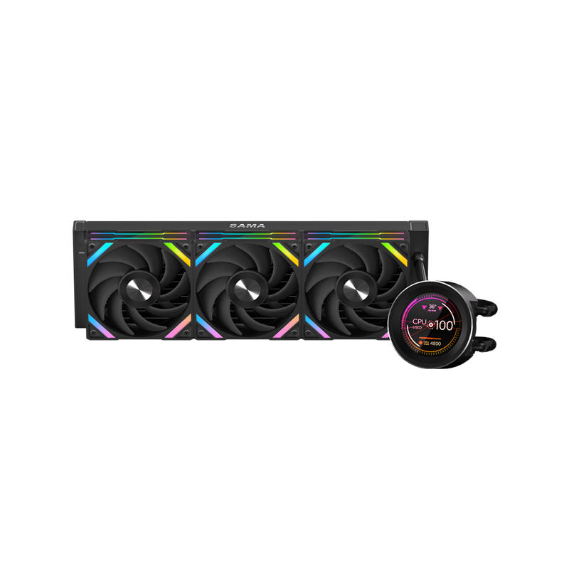 Система водяного охлаждения SAMA Q60-BKWANNO3-G 360mm, LED temp., Black, ARGB/ Fans: 3x120mm, 86CFM, 30dBA, 2600RPM/ Pump height 64mm, 30dBA, 2800RPM, Rad thickness 27mm/ S: 1851, 1700, 1200, 20XX, 115X, AM5, AM4