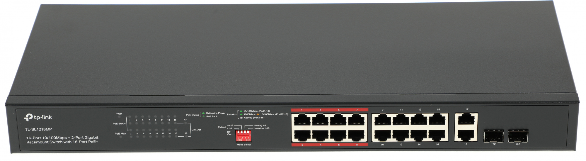 Коммутатор TP-Link TL-SL1218MP (L2) 16x100Мбит/с 2x1Гбит/с 2xКомбо(1000BASE-T/SFP) 16PoE+ 192W неупр