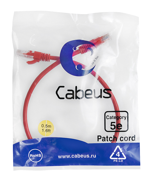 Патч-корд u/utp, категория 5е, 2xrj45/8p8c, неэкранированный, красный, pvc, 0.5м Cabeus PC-UTP-RJ45-