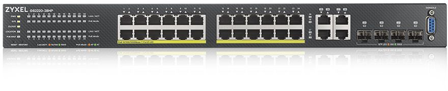 Коммутатор Zyxel GS2220-28HP-EU0101F (L2) 24x1Гбит/с 4xКомбо(1000BASE-T/SFP) 24PoE+ 375W управляемый