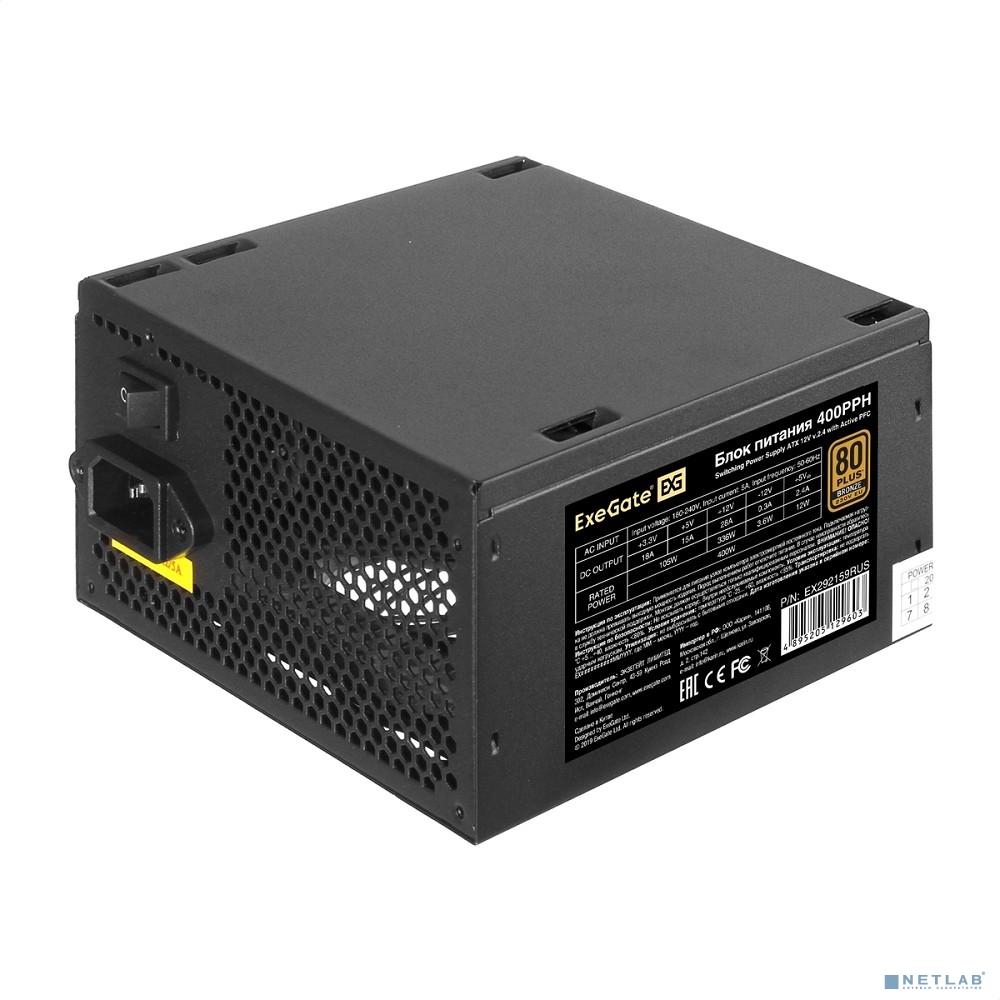 Exegate EX292159RUS Блок питания 400W ExeGate 80 PLUS® Bronze 400PPH (ATX, APFC, КПД 88% (80 PLUS Br