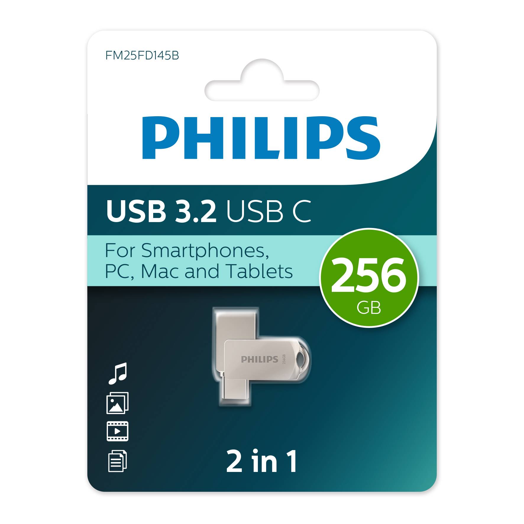 PHILIPS USB Drive 256Gb PHILIPS 2-in-1 USB 3.2 USB C, OTG, USB 3.2/Type-C, Металл, 100 MB/s
