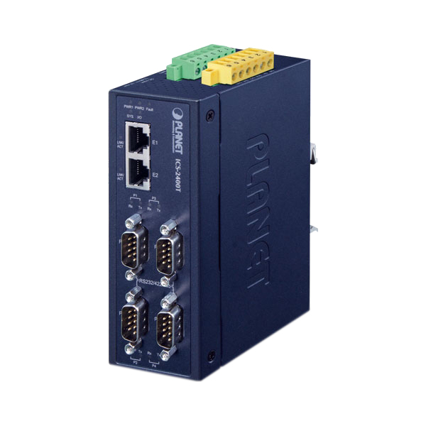 медиа конвертер/ PLANET ICS-2400T IP40 Industrial 4-Port RS232/RS422/RS485 Serial Device Server (2 x 10/100TX, -40~75 degrees C, 15KV isolation, dual 12~48V DC, 2xDI + 2xDO)