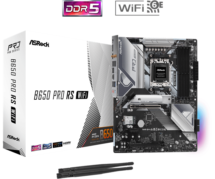 Материнская плата ASROCK B650 PRO RS WIFI, AM5, B650, 4*DDR5, 4*SATA, 3*M.2, 3*USB 3.2, 6*USB 2.0, T