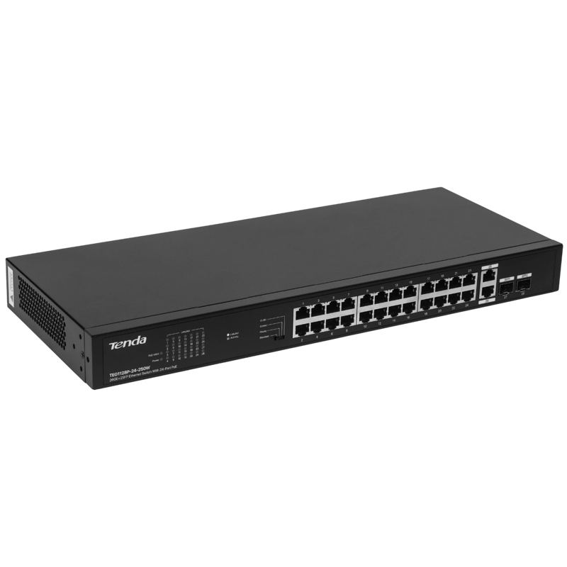 Коммутатор Tenda TEG1128P-24-250W (L2) 26x1Гбит/с 2SFP 24PoE 230W неуправляемый