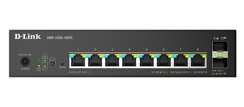 Коммутатор D-Link Управляемый L2 PoE-коммутатор, 8x2.5GBase-T PoE (2 порта PoE 802.3bt 60 Вт), 2x10G